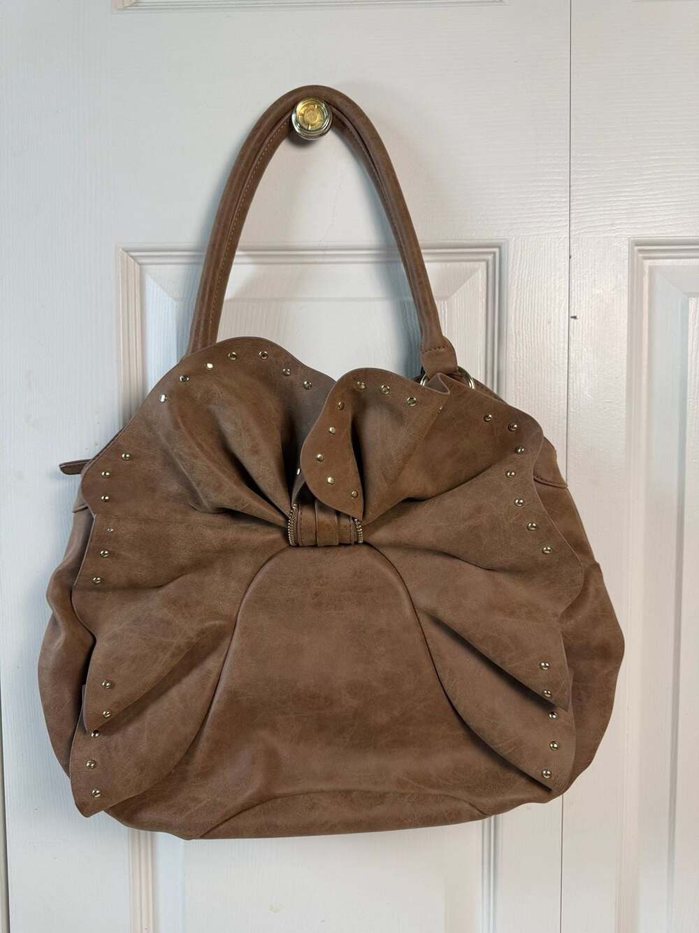 Y2K Coquette Oversized Bow Tote Bag Brown Faux Leather Studded Shoulder Purse